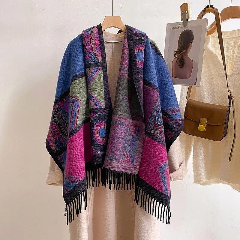 Color Block Ethnic Style Winter Shawl Scarf