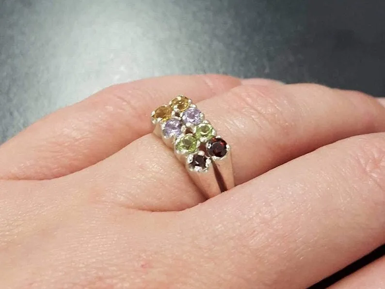 Colorful Multistone Ring - Natural Gemstones Ring - Vintage Double Band