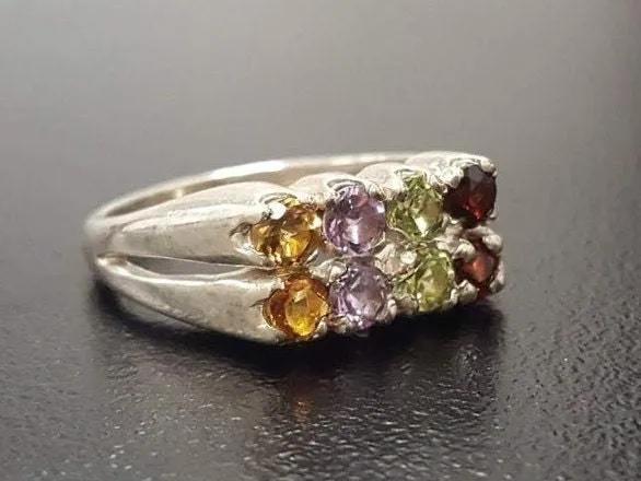 Colorful Multistone Ring - Natural Gemstones Ring - Vintage Double Band