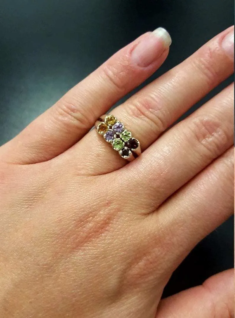 Colorful Multistone Ring - Natural Gemstones Ring - Vintage Double Band