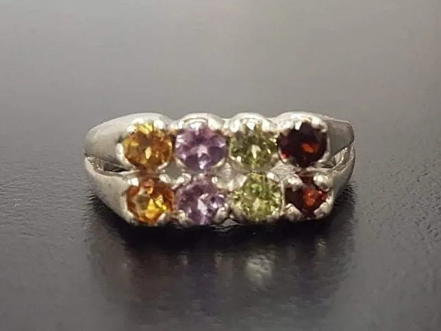 Colorful Multistone Ring - Natural Gemstones Ring - Vintage Double Band