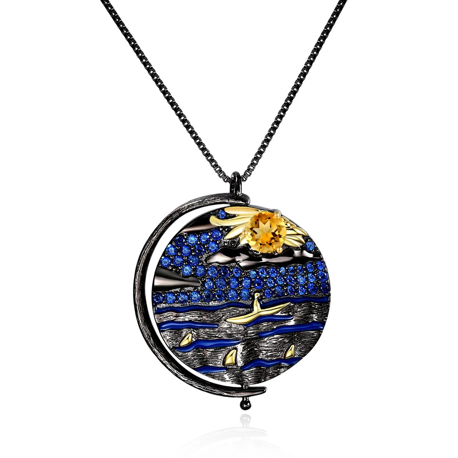 Italian Abstract Pattern Vintage Jewelry Design Inlaid Colorful Gemstone Boat In Lake Circle Pendant Silver Necklace for Women