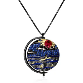 Italian Abstract Pattern Vintage Jewelry Design Inlaid Colorful Gemstone Boat In Lake Circle Pendant Silver Necklace for Women