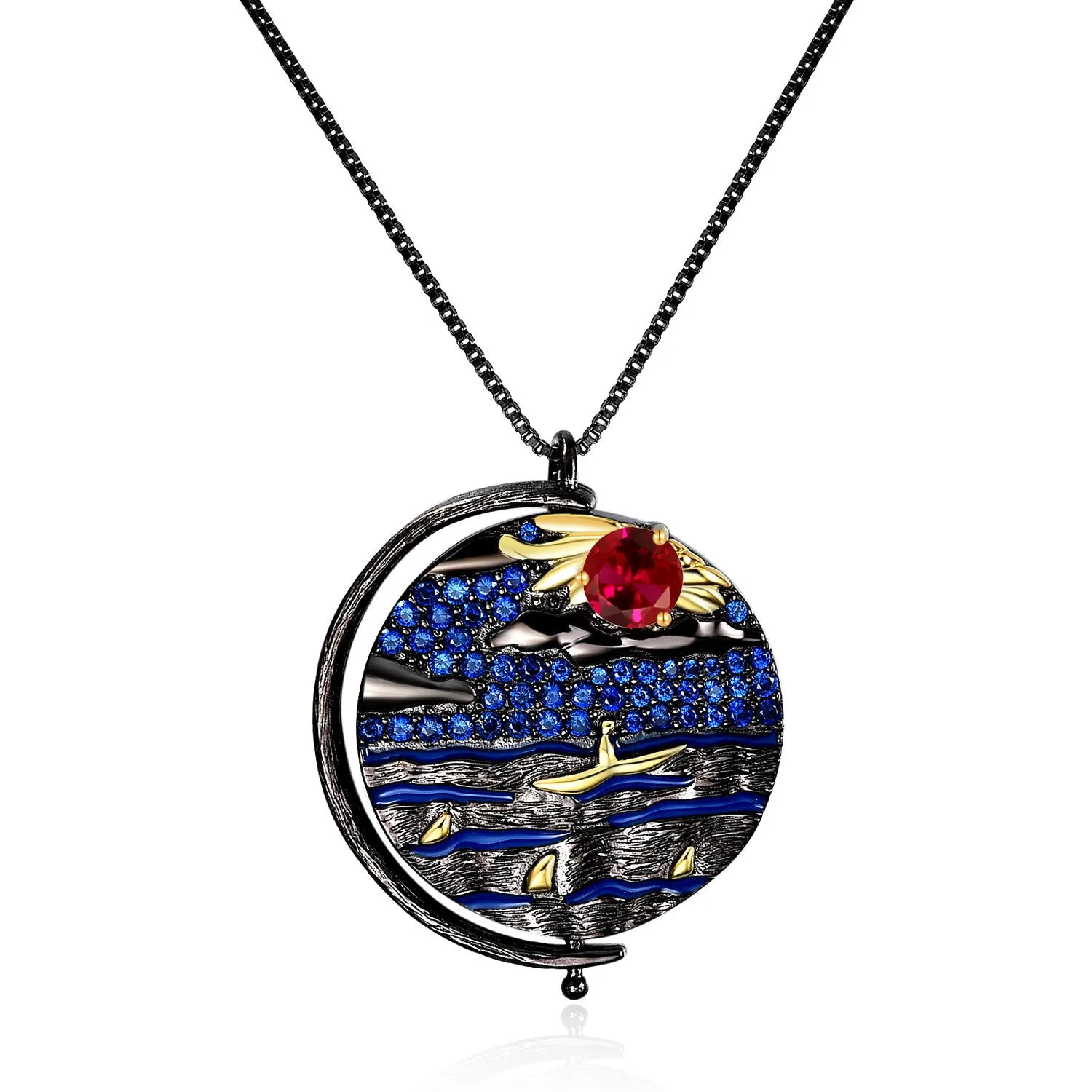 Italian Abstract Pattern Vintage Jewelry Design Inlaid Colorful Gemstone Boat In Lake Circle Pendant Silver Necklace for Women