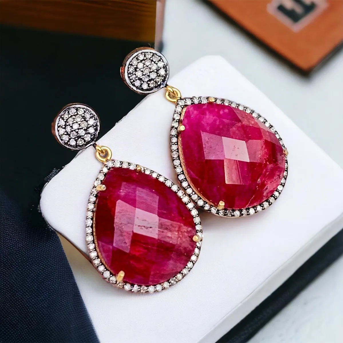 Ruby or Emerald w Diamonds Classic Earrings
