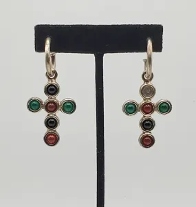 Vintage Handmade Sterling Silver Colored Glass Cabochon Cross Earrings